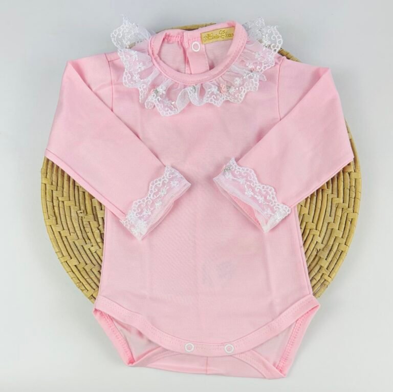Body bebê manga longa rosa com gola e punhos em renda rococó – Maria Chica Bebê