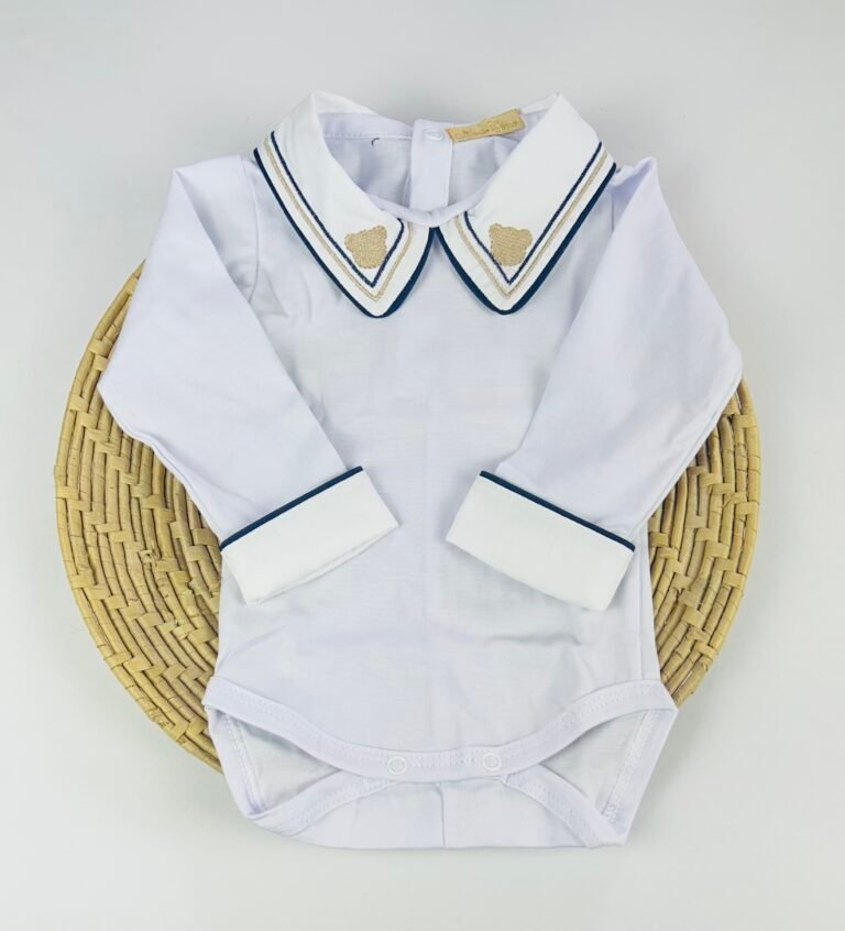 Body bebê branco manga longa com gola bordada urso Azul Marinho – Maria Chica Bebê