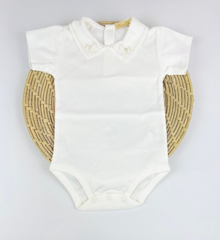 Body bebê Off-White com gola bordada de cavalinho em malha macia – Maria Chica Bebê