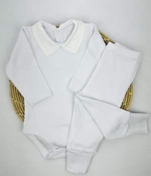 Conjunto body manga longa e calça brancos com gola losango bordado Maria Chica Bebê